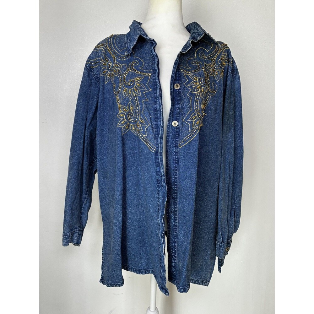 Vintage 1990s beaded denim button up top by Club Z Denim Size 3X